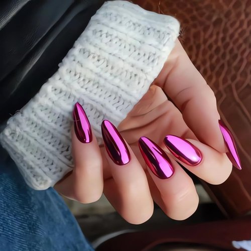 Purple Chrome Press on Nails Medium Almond Mirror Metal Fake Nails Glue on Plating Artificial Nails Pointed Solid Medium Length Metallic False Nails Acrylic Nails Stick on Nails for Women in 24PCS