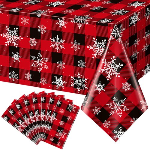 8 Pieces Red and Black Buffalo Plaid Merry Christmas Party Tablecloth Decorations,Plastic White Snowflake Buffalo Plaid Sign Table Cover for Winter Christmas Holiday Party Supplies,54x108 inch