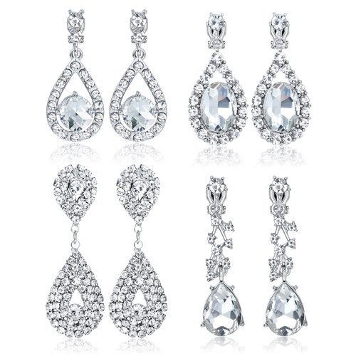 Thunaraz 4 Pairs Clip on Earrings for Women Crystal Teardrop Wedding Earrings Clip on Rhinestone Formal Chandelier Dangle Earrings for Brides Bridesmaids Stylish Non Pierced Jewelry