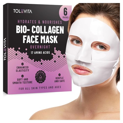 TOLEVITA Bio-Collagen Overnight Face Mask - Hydrating & Nourishing Sheet Mask with 17 Amino Acids, Improves Elasticity & Moisturizes, Softens Skin, Suitable for All Skin Types, 6 Pack