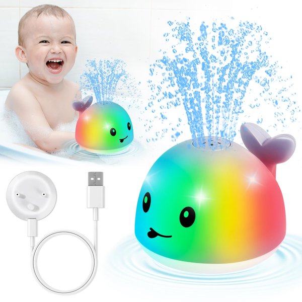 【2025 Upgraded】Gigilli Baby Whale Bath Toy - Easy Charging, Bath Toys for Kids Ages 1-3, Light Up Bath Fountain Toy 6-12-18 Months Toddlers Bathtub Toy Sprinkler, Baby Valentines Birthday 1 2 3 Gifts