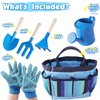 Kids Gardening Tools Set, Toddler Play Kit Child Outdoor Toy with Gloves, Watering Can, Metal Shovel, Rake, Fork & Storage Bag, Backyard Sand Digging Birthday Holiday Present for Boys Girls 3-5 (Blue)