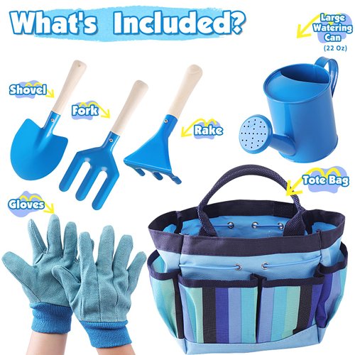 Kids Gardening Tools Set, Toddler Play Kit Child Outdoor Toy with Gloves, Watering Can, Metal Shovel, Rake, Fork & Storage Bag, Backyard Sand Digging Birthday Holiday Present for Boys Girls 3-5 (Blue)