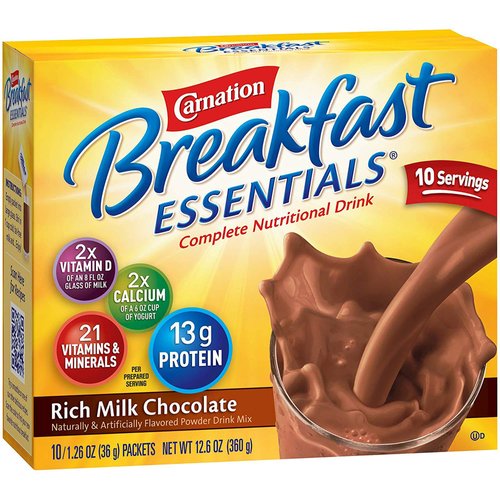 Nestle Carnation Breakfast Essentials Complete Nutritional Drink Chocolate 1.26 oz. Packet 10 Ct