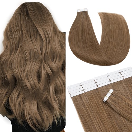 SEGO Tape in Hair Extensions Human Hair 20 Inch Light Brown 20pcs 50g Straight Natural 100% Remy Rooted Seamless Skin Weft Invisible Double Sided Tape Hair for Women