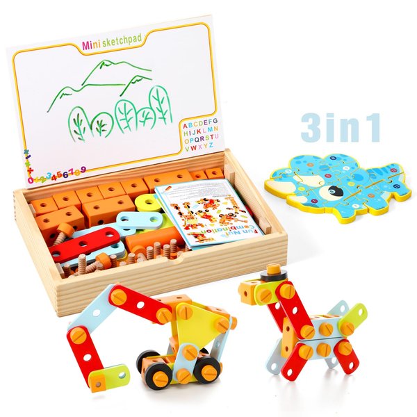 Montessori Toy Set Toddler Tool Set with Portable Tool Box & DIY Stickers Dinosaur Puzzles for kids Educational Preschool Toys 3 in 1 Tool Kit for 3 4 5 6 Years Old Boys Girls Present for Children