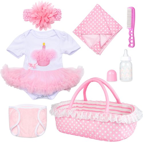 PEDOLLTREE Reborn Baby Dolls Clothes Girl Outfit Accessories Pink Tutu 7 Pcs Set for 17-22 Inch Reborn Doll Newborn Girl with Pink Dot Bassinet