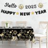 Glitter Hello 2025 Happy New Year Banner Decorations Black New Years Eve Banner Sign Party Supplies 2025 Happy New Year for Happy New Year Decorations Party Supplies 2025 Home Holiday Decorations