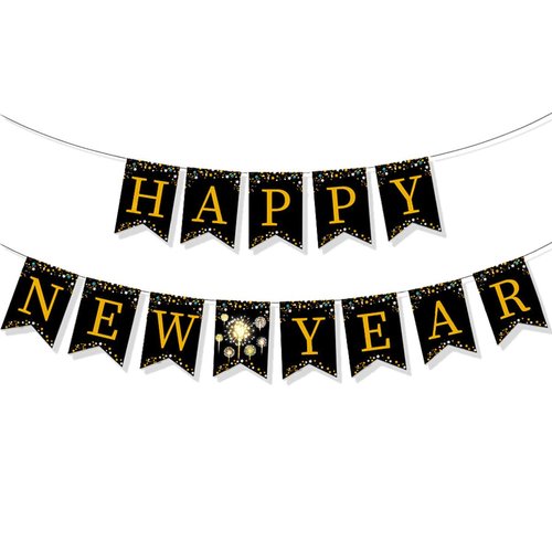 Happy New Year Banner Black with Gold Shiny Letter New Years Banner Eve Party Decorations Supplies 2025