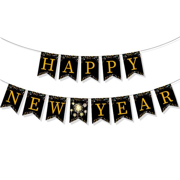 Happy New Year Banner Black with Gold Shiny Letter New Years Banner Eve Party Decorations Supplies 2025
