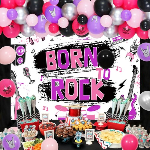 Cheereveal Born to Rock Party Decorations for Girls Guitar Balloon Garland Arch Kit, Rock N Roll Musical Notes Elements Backdrop, Purple & Pink Crenics Rock Stars Theme Party Birthday Party Supplies