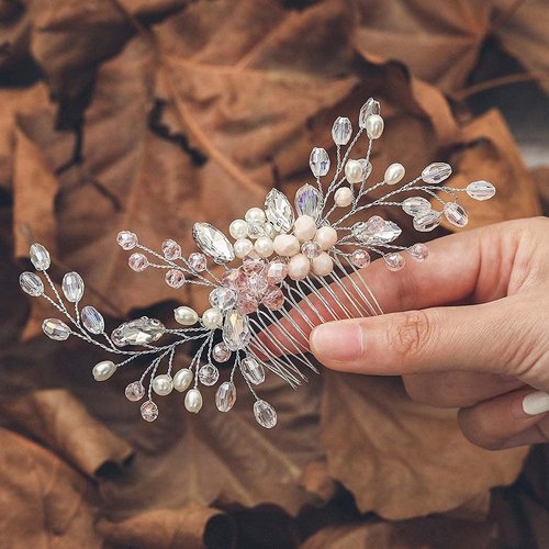 Easedaily Crystal Bridal Hair Comb Silver Rhinetsone Wedding Hair Pieces Pearl Headpieces Side Combs Hair Accessories for Women and Brides