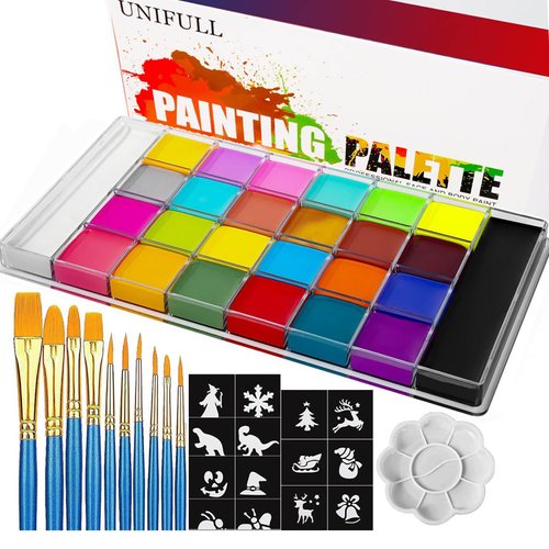 AOLIKOKO 26 Colors Face & Body Paint Palette Kit，Halloween Makeup Kit, face painting kit professional，with 10 Brushes+30 pcs Stickers，Ideal for Halloween Cosplay Party SFX Arty Stage Makeup(26-Colors)