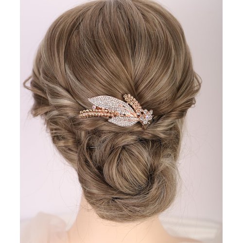 Chargances Dainty Crystal Feather Hair Comb Sparkly Rhinestone Inlaid Flower Hair Side Comb Long Teeth Hair Combs Wedding Bridal Hair Accessories for Women (Champagne)