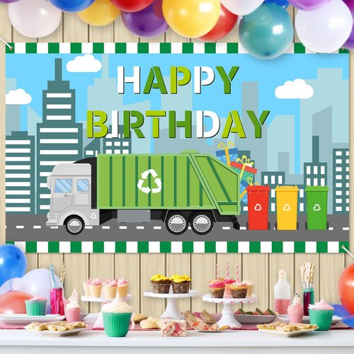 Avezano Garbage Truck Birthday Backdrop for Kids Trash Truck Birthday Party Supplies Green Garbage Truck Happy Birthday Decorations Banner 70.8 x 43.3 Inch