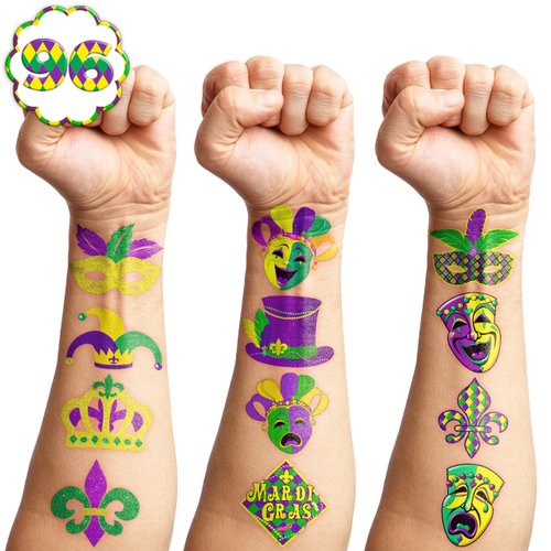 96 PCS Mardi Gras Fat Tuesday Temporary Tattoos Birthday Theme Party Supplies Decorations Favors Decor Cute Mask Crown Tattoo Stickers for Class School Prizes Gift for Kids Boys Girls Carnival Holiday
