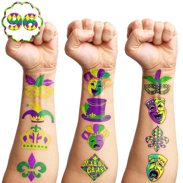 96 PCS Mardi Gras Fat Tuesday Temporary Tattoos Birthday Theme Party Supplies Decorations Favors Decor Cute Mask Crown Tattoo Stickers for Class School Prizes Gift for Kids Boys Girls Carnival Holiday