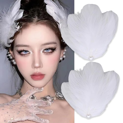 2 Pack Feather Hair Clips for Women, Ballet Style Pearl Swan Fly-Wing Hair Barrettes Accessory Hairpins Headpiece Hair Piece for Cosplay Show Dancing Party Halloween Costume Stage Performance