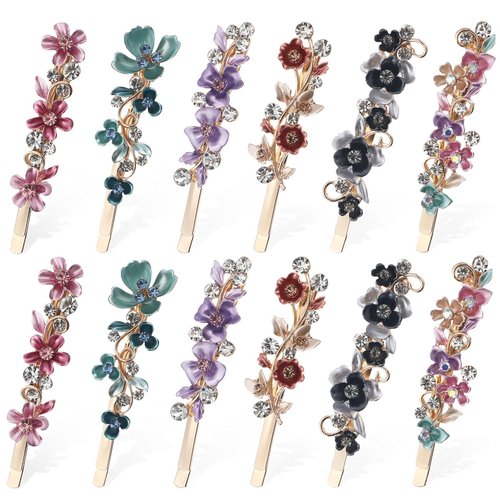 FRCOLOR Floral Design Alligator Hair Clips - 12Pcs Colorful Vintage Metal Blooming Barrettes for Women