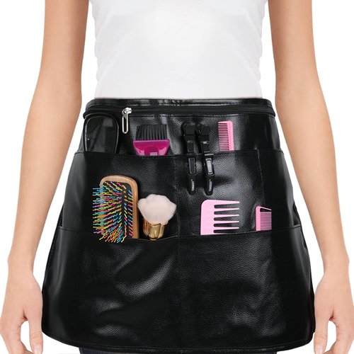 Hair Stylist Waist Bag, Waist Length Waterproof Hair Stylist Apron with 5 Pockets PU Leather Hipster Salon Belt Shears Pouch for Hair Cutting Clippers, Combs, Salon Tools, Makeup Tools