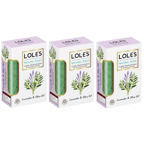 LOLE'S Luxury Pure Natural Soap, Lavender and Olive Oil Beauty Soap Bar, Ultra Moisturizing, Gentle Exfoliating, Face Body Care, Vitamin E, Fresh Touch, LOLES Pack of 3 (5.2 Ounce Each)