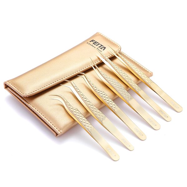 FEITA Eyelash Extension Tweezer Set Gold Lash Applicator Tool - Precision Lashes Diamond Grip Tweezers for 2D-6D Volume & Individual Eyelashes Extensions Supplies (6Pcs)