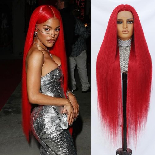 Felek 40 Inch Red T Part Lace Wigs Super Long Straight 13x4x1 T Lace Front Wigs Heat Resistant Fiber Glueless Long Hair Wig Pre-Plucked Natural Hairline Lace Wig For Fashion Women/Girls(Red)