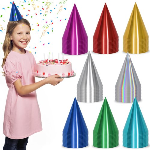HEYTIMI 80 PCS Birthday Party Cone Hats Party Hat Cone Paper Hats with Metallic Foil Themed Hats with Elastic String Assorted Colors for Birthday Party Baby Shower Anniversary