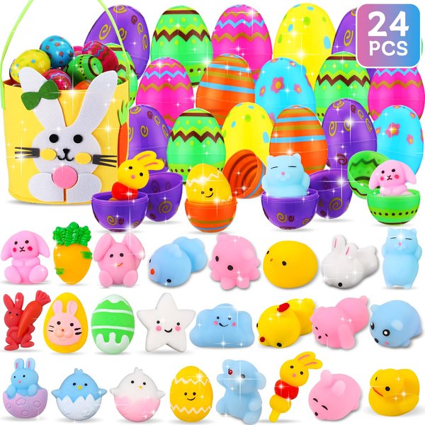 24Pcs Mochi Squishy Toys Filled Easter Eggs with Basket, Stress Reliever Squishies Toys for Kids Easter Eggs Hunt, Easter Basket Stuffers Fillers, Easter Party Favors Classroom Prize Supplies