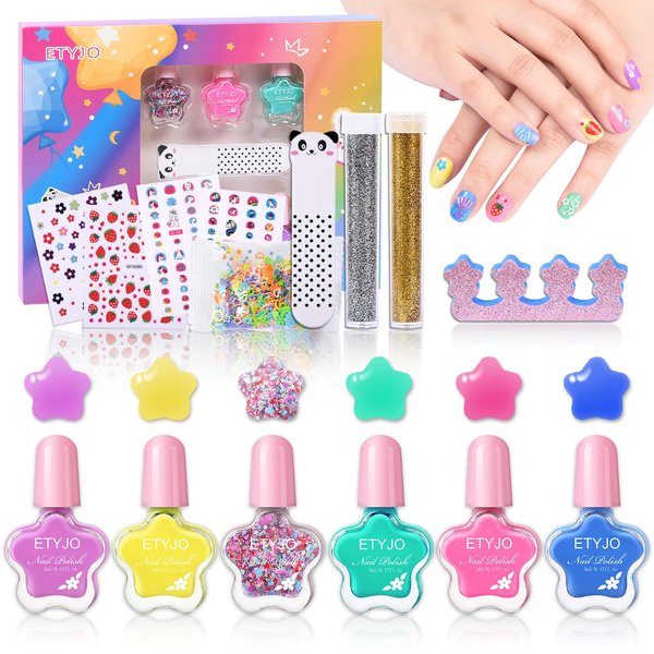 ETYJO Kids Nail Polish Non-Toxic Nail Polish Set for Girls Water Based Peel off Quick Dry Nail Polish 6 Colors Nail Art Kits for Kids Age 3+ Girl Birthday Gift