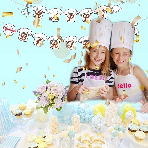 YiiiGoood Dee-licious Chef Cooking Birthday Banner Little Chef Hat Birthday Banner Little Baker Party Banner Cooking Chef Cap Party Banner for Kids (Adults) Cooking Theme Birthday Party Baby Shower