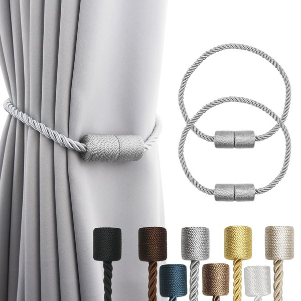 Porlau 2 Pack Grey Strong Magnetic Curtain Tiebacks Outdoor Elegant Decorative Tie Backs Modern Rope Tiebacks for Drapes Window Curtain Holdbacks for Draperies