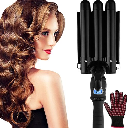 Hair Curling Iron Wand 3 Barrel Dual Voltage 1 Inch Ceramic Hair Waver Iron with Adjustable LCD Temperature Display, Heats Up Quickly Hair Crimper Curling Wand