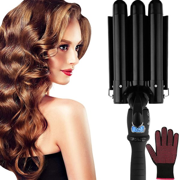 Hair Curling Iron Wand 3 Barrel Dual Voltage 1 Inch Ceramic Hair Waver Iron with Adjustable LCD Temperature Display, Heats Up Quickly Hair Crimper Curling Wand