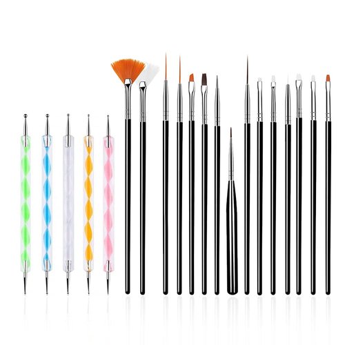 FULINJOY 20PCS Nail Art Design Tools, 15PCS Painting Brushes Set (Black) with 5PCS Dotting Pens