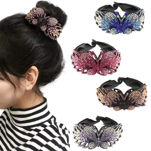 Rhinestone Hair Clip for Women - 4Pack Half-balloon Nest Expanding Hairpin Girls Hair Claws Hair Bun Holders Accessories Flowers Butterfly (Pink+Purple+Brown+Blue)