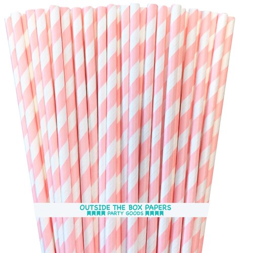 Striped Paper Straws - Light Blush Pink White - Valentine Wedding Baby Shower Birthday Supply - 7.75 Inches - Pack of 100- Outside the Box Papers Brand