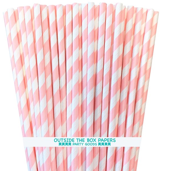 Striped Paper Straws - Light Blush Pink White - Valentine Wedding Baby Shower Birthday Supply - 7.75 Inches - Pack of 100- Outside the Box Papers Brand