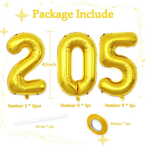 40 Inch Number 2025 Balloons Gold, Giant Foil Mylar Helium Balloons for 2025 New Years Party Decorations New Years Eve Party Supplies Decoracion De Año Nuevo 2025 Graduation | Gold