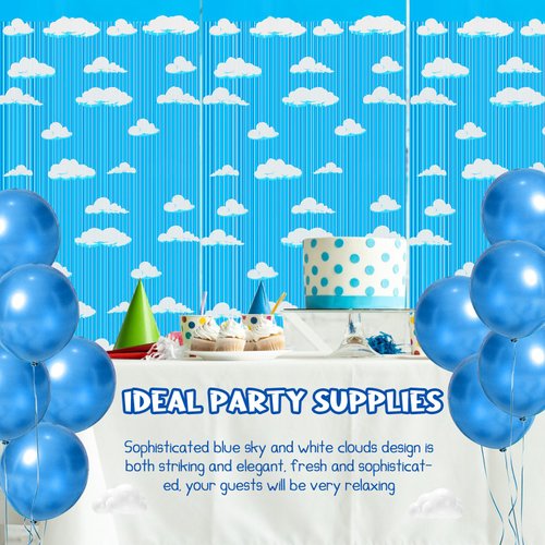 XunYee 5 Pack Blue Sky White Clouds Birthday Party Supplies, Clouds Theme Tinsel Foil Fringe Curtains Toy Party Supplies, Cartoon Story Backdrop for Baby Shower Birthday Party Decorations