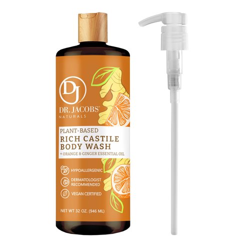 DR. JACOBS NATURALS Castile Orange & Ginger All-Natural Body Wash for Moisturizing Dry and Sensitive Skin Shampoo with Plant-Based Ingredients Gluten, Preservatives-Free Formula - 32 oz, with Pump