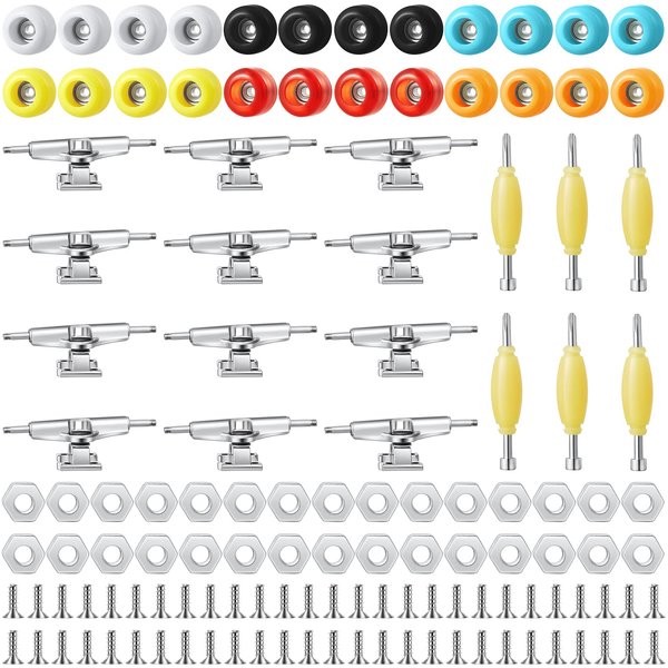 Jexine 6 Sets DIY Fingerboard Kit Fingerboard Accessories Mini Finger Skateboard Parts Include 12 Brackets 54 Screws 30 Nuts 6 Screwdriver 24 Fingerboard Wheels Tool for 96mm (Colorful)