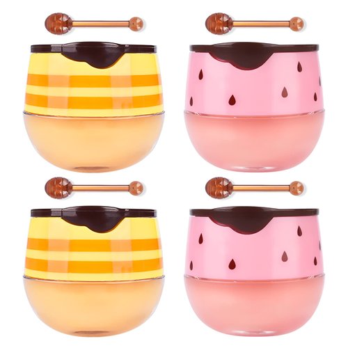 FREEORR 4Pcs Honey Strawberry Lip Balm Honey Pot, Strawberry Lip Sleeping Mask, Overnight Lip Sleeping Mask, Honey Balm Lip Balm Pot, Honey Lip Mask Nourish Lip Scrubs Exfoliator Honey/Strawberry
