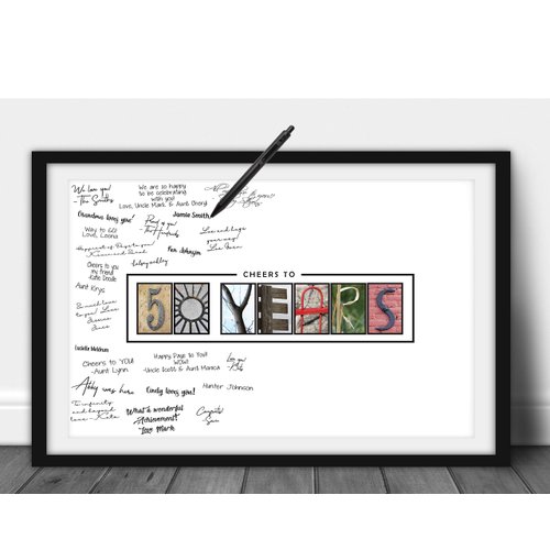 Katie Doodle 50th Birthday Decorations - Creative Guest Book Alternative - 50th Anniversary Party Supplies Centerpiece Card Gift for Men Women Mom Dad - 50 Years Wall Art Poster, 11x17 [Unframed]