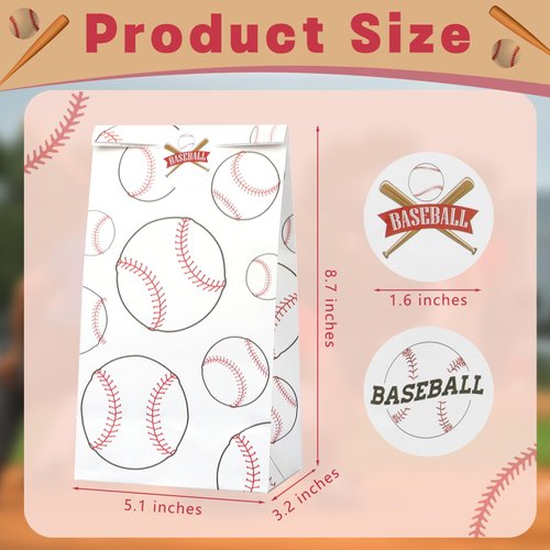 SAYAYA 24 Pcs Baseball Gift Bags Baseball Candy Treat Party Bags Baseball Goodie Snack Bags Baseball Party Favor Bags with Stickers for Kids Sport Softball Theme Birthday Party Supplies (White)