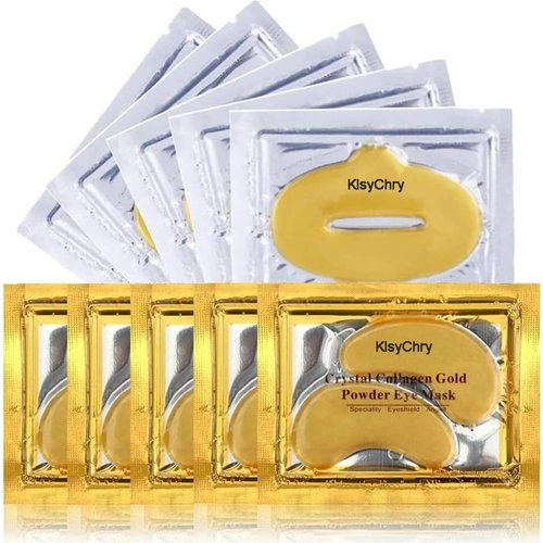 KlsyChry 24K Gold Gel Crystal Collagen Lip and Eye Mask, 5 Pairs Gold Eye Mask Patches and 5 Pcs Gold Lip Mask Pads for Moisturizing, Anti Wrinkle, Anti Aging, Hydrating Lips and Eyes