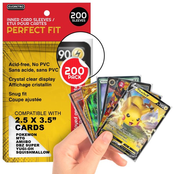 EVORETRO 200 Perfect Fit Sleeves - for Pokemon Card Sleeves, MTG Inner Sleeves, YugiOh, Paldean Fates, Lorcana, One Piece, Dragon Ball. 2.5x3.5 Double Sleeve, Inner Card Sleeves 63.5mm x 88mm