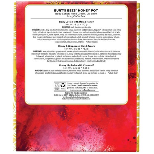 Burt's Bees Honey Pot Gift Set, 3 Honey Skin Care Products - Milk & Honey Body Lotion, Honey & Grapeseed Hand Cream and Honey Lip Balm