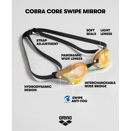 Arena Unisex Cobra Core Swipe Anti-Fog Racing Swim Goggles for Men and Women Polycarbonate Mirror Lens, Yellow Copper/Black
