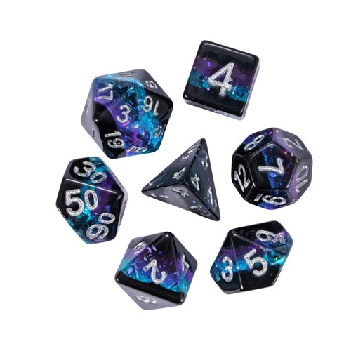 HDdais Glitter DND Dice Set, 7PCS Polyhedral Dice Set Filled Foil for Dungeons and Dragons, Resin D&D Dice for Role Playing Game and Tabletop Games（Black&Purple&Blue）